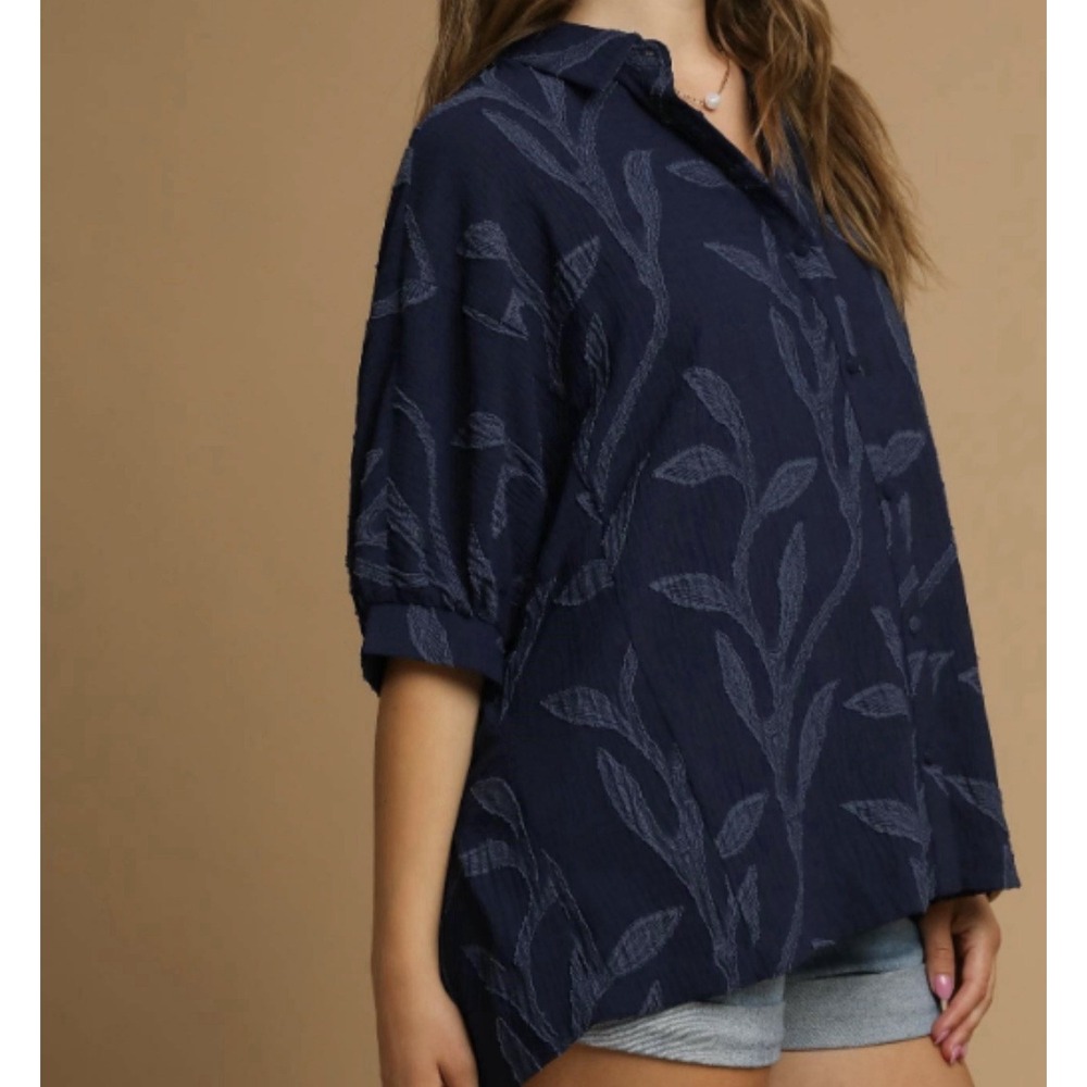 Umgee Large Oversized Navy Leaf Jacquard Button Front Blouse Boho Coastal NWT